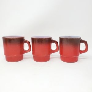 VTG Anchor Hocking Fire King Brown and Red Ombre Milk Glass Mugs, set of 3